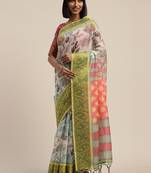 White printed linen saree with blouse