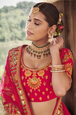 Red embroidered silk semi stitched lehenga 3