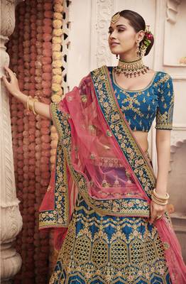 Aqua-blue embroidered silk semi stitched lehenga 2