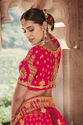 Red embroidered silk semi stitched lehenga 4