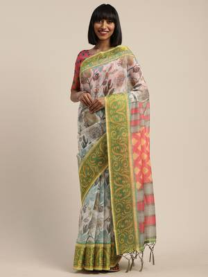 White printed linen saree with blouse 4