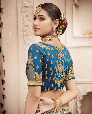 Aqua-blue embroidered silk semi stitched lehenga 3