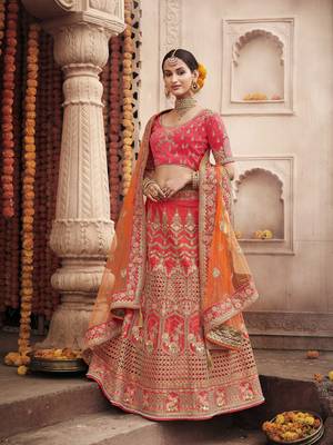 Hot-pink embroidered silk semi stitched lehenga 1