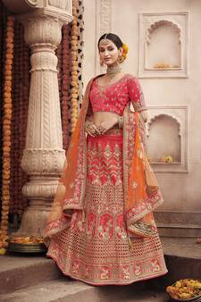 Hot-pink embroidered silk semi stitched lehenga