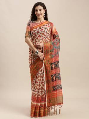 White printed linen saree with blouse 1