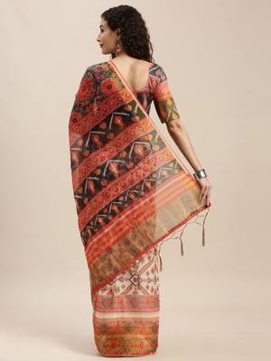 White printed linen saree with blouse 2