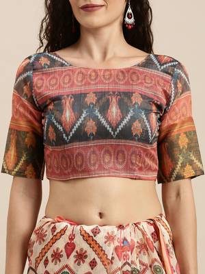 White printed linen saree with blouse 3
