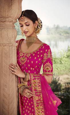 Rani-pink embroidered silk semi stitched lehenga 2