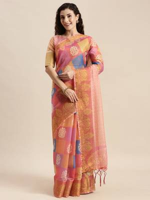 Pink printed linen saree with blouse 1