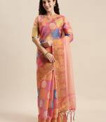 Pink printed linen saree with blouse