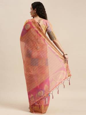 Pink printed linen saree with blouse 2