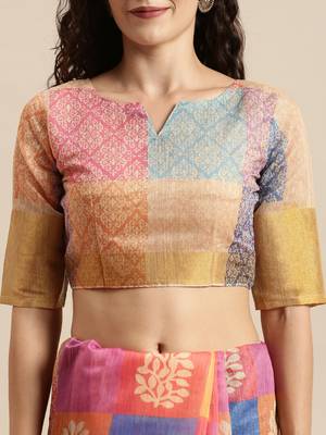 Pink printed linen saree with blouse 3