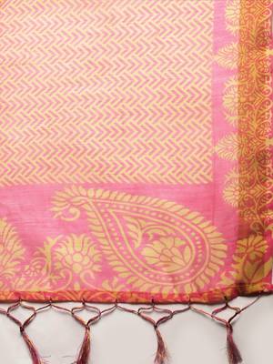 Pink printed linen saree with blouse 4