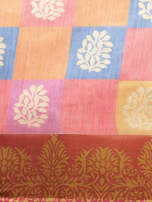 Pink printed linen saree with blouse 5