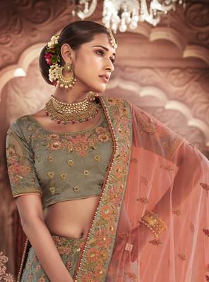 Grey embroidered silk semi stitched lehenga 2