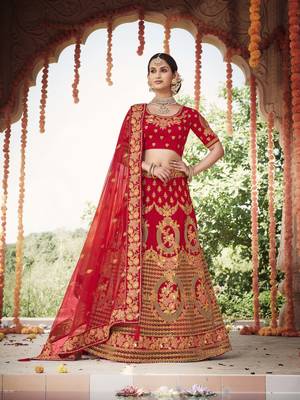 Red embroidered silk semi stitched lehenga 1