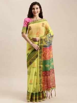 Yellow printed linen saree with blouse 1