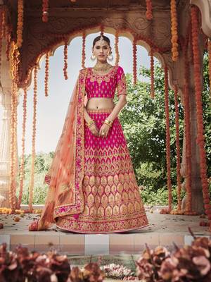 Rani-pink embroidered silk semi stitched lehenga 1