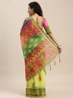 Yellow printed linen saree with blouse 2