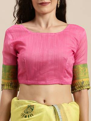 Yellow printed linen saree with blouse 3