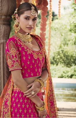Rani-pink embroidered silk semi stitched lehenga 2