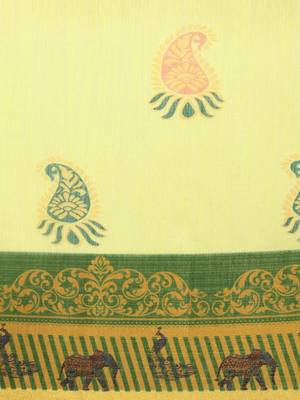 Yellow printed linen saree with blouse 5