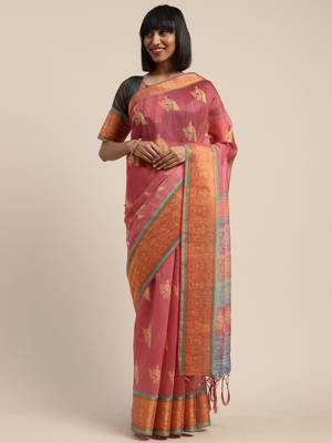 Pink printed linen saree with blouse 1