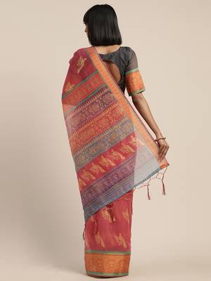 Pink printed linen saree with blouse 2