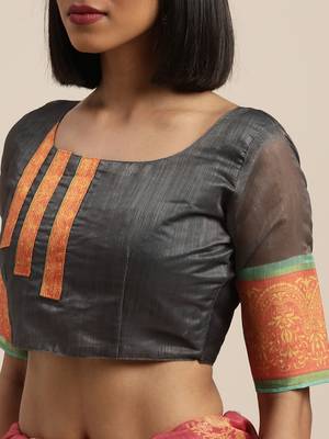Pink printed linen saree with blouse 3