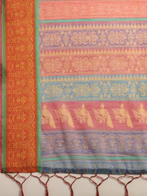 Pink printed linen saree with blouse 4