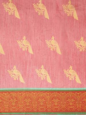 Pink printed linen saree with blouse 5