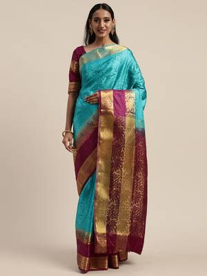 Blue woven nylon saree with blouse 1