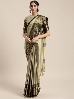 Beige woven silk blend saree with blouse 1