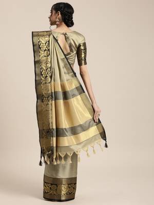 Beige woven silk blend saree with blouse 2