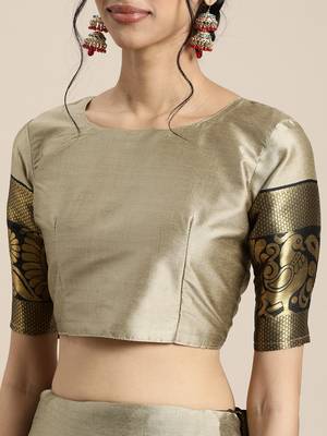 Beige woven silk blend saree with blouse 3