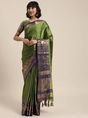 Green woven silk blend saree with blouse 1