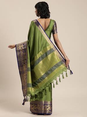 Green woven silk blend saree with blouse 2