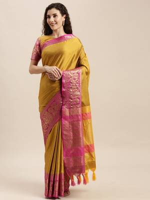 Mustard woven silk blend saree with blouse 1