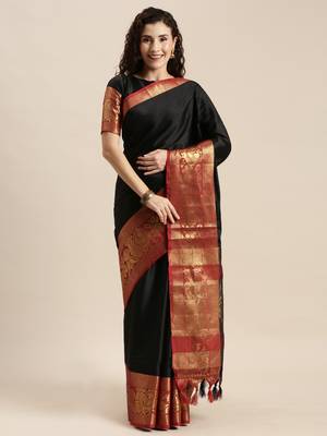 Black woven silk blend saree with blouse 1