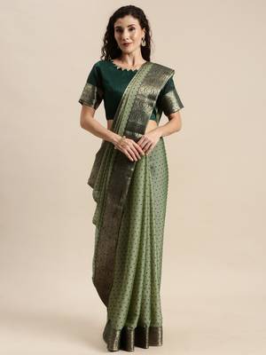 Green printed polyester saree with blouse 1