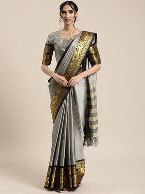 Grey woven silk blend saree with blouse 1