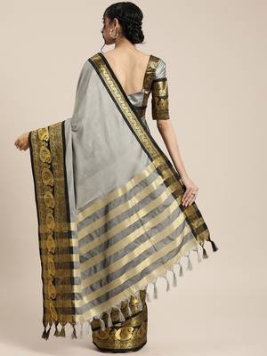 Grey woven silk blend saree with blouse 2