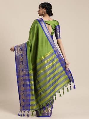 Green woven silk blend saree with blouse 2
