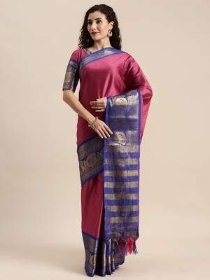 Pink woven silk blend saree with blouse 1