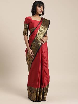 Red woven silk blend saree with blouse 1