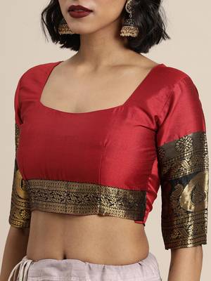 Red woven silk blend saree with blouse 3