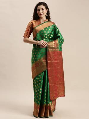 Green woven silk blend saree with blouse 1