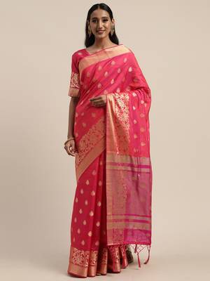 Pink woven silk blend saree with blouse 1