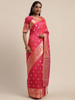 Pink woven silk blend saree with blouse 4