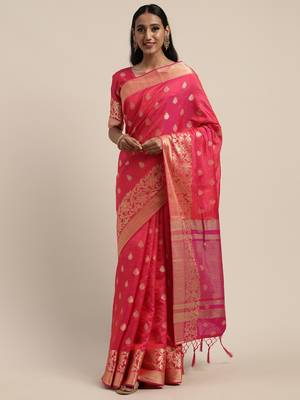 Pink woven silk blend saree with blouse 5